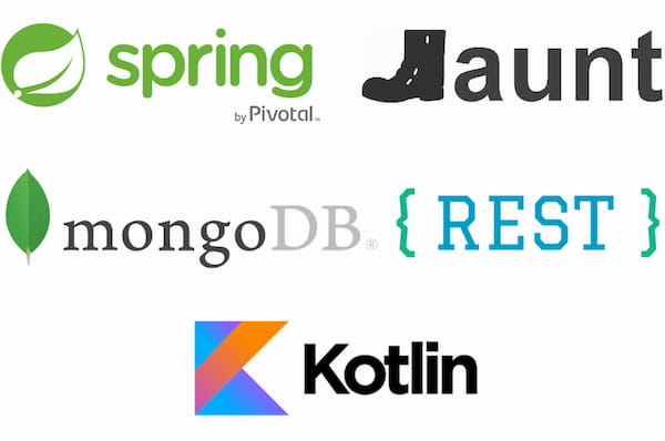 The icons for our tech stack: Spring, REST, mongoDB, Jaunt, Kotlin.