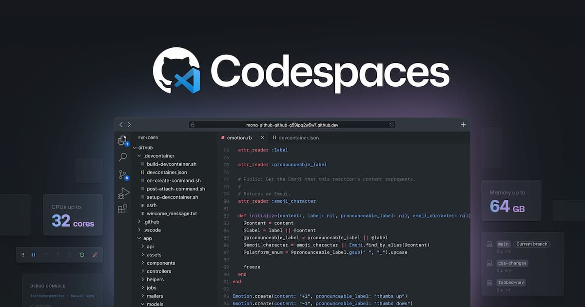 A marketing image from GitHub showing a code editor in the browser as well as features of GitHub codespaces like debugging and machines of up to 32 CPU cores and 64GB of memory.