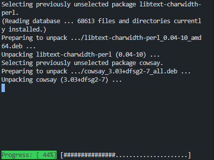 A screenshot of a terminal installing tools, in this case cowsay.