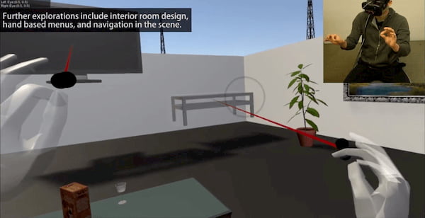 A 3D living room scene, showing eye gaze + hand pinching interaction in VR. The image shows a picture-in-picture view of the user in the top right.