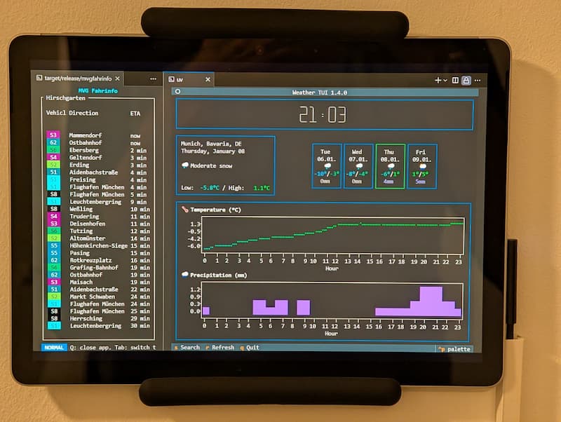 An image of a tablet showing the public transport app again, this time next to the weather-tui app showing a summary of the current day as well as.