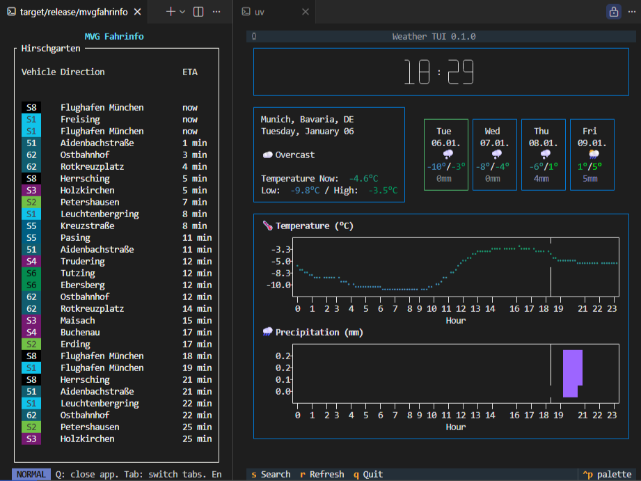 A screenshot of the mvg terminal app next to the weather terminal app.